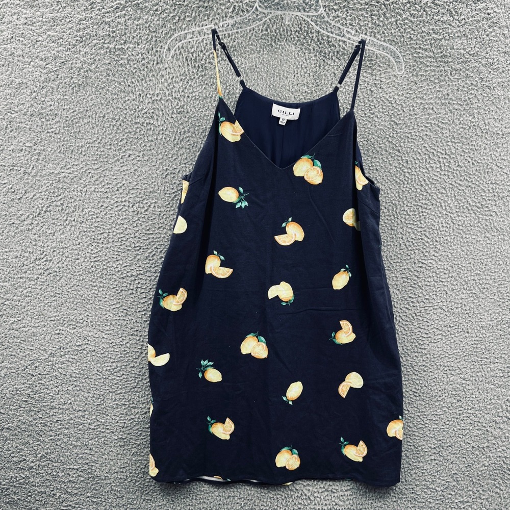 Gilli Womens Slip Dress Med Blue Lemon Print Linen Blend Casual Summer Flowy